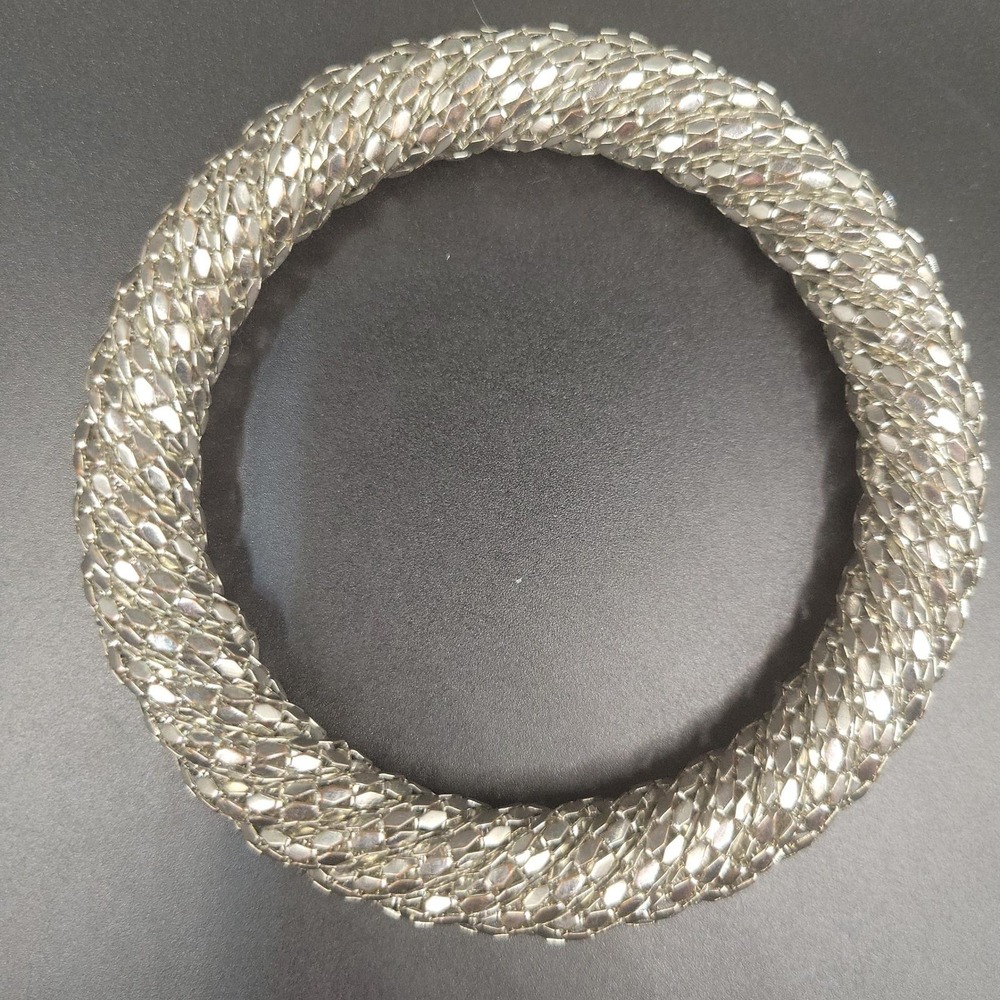Silver Tone Mesh Woven Chunky Bangle Bracelet Size 8 Whimsigoth